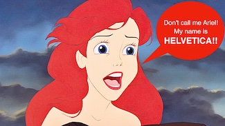 a fun color cartoon meme of Ariel saying her name is Helvetica, on the birthday of that font