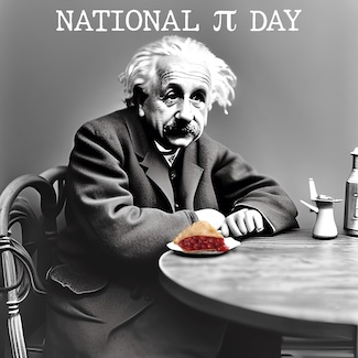 An AI generated image of Albert Einstein, and a slice of pie, for national Pi day in march...wioth some dad jokes
