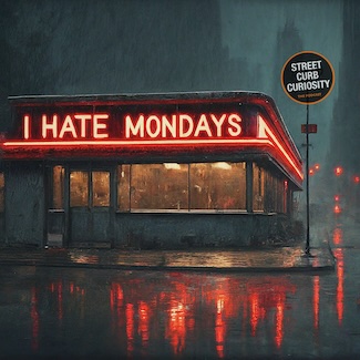 a drawing of a dreary diner on a rainy city street with a bright orange  neon sign that reads I Hate Mondays