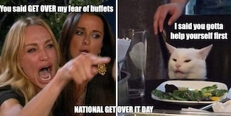 a famous meme of a cat and two women, in this case about how a work zoom call is a like a buffet