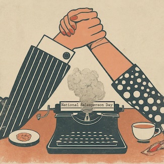 a man and woman shaking hands over a typewriter to highlight a sales deal, for national sales person day in March, from the daily blog: Care More Today