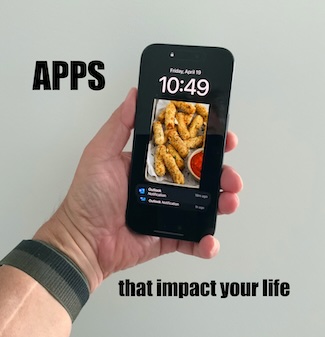a hand holding an apple iPhone with an image of mozzarella sticks as an app of choice for a fun dad joke about apps.