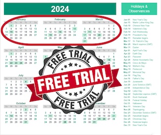 a 2024 green calendar showing a free trial offer