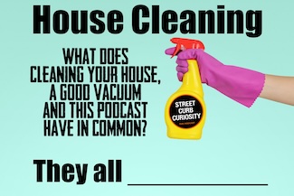 a pink rubber gloved hand holding a spray bottle for a podcast episode about house cleaning