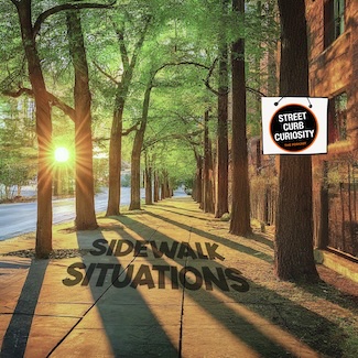 a colorful spring image of a sidewalk lined with trees for a funny podcast about what we experience on our city sidewalks 