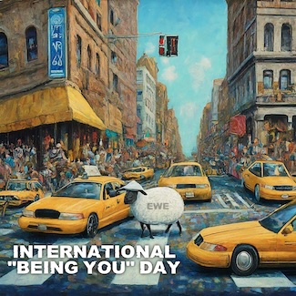 a fun cartoon of a very busy city street filled with people and taxi cabs and one sheep in the middle of it all
