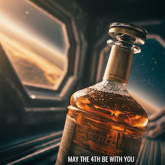 a bottle of whiskey in a space ship circling a planet