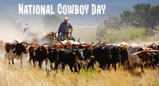 a herd of horned cattle on a dusty prairie trail with cowboys or national cowboy day in July.