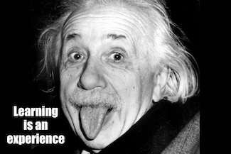 A famous image of Albert Einstein sticking out his tongue for a quote about experience