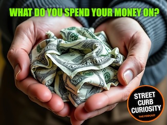 An AI generated image of two hands cupping a wad of cash for an episode about how we have no clue where we spend our money, from the podcast called street curb curiosity 