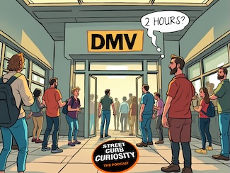 an AI generated cartoon about standing in line to get into the DMV for a fun podcast episode about the experience, from street curb curiosity 
