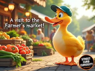 a fun cartoon meme about a duck at a farmers market for a podcast episode about the experience, from street curb curiosity 