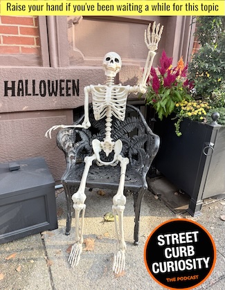 a sitting skeleton with a raised arm to highlight some scary dad jokes and current trends for Halloween 2024, from Street Curb Curiosity the podcast