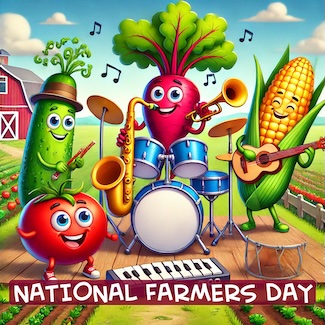 a fun cartoon of vegetable playing musical instruments to celebrate national farmers day