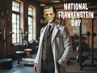 an AI created fun image of a doctor wearing a Frankenstein mask in a gym for national Frankenstein day