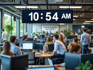 A busy open work space with a large clock showing 10:54AM, for the most productive day of the year
