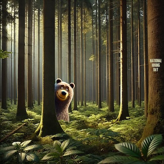 a cartoon of a smiling bear deep in the woods for national hiking day