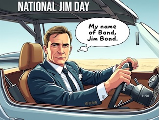 a func artoon meme of James Bond sitting in a car, using the name of "Jim", for national Jim day in November