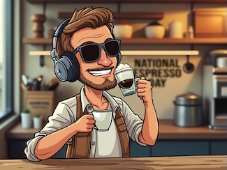 a fun colorful cartoon of a young hippy drinking coffee and an espresso for national espresso day in November 