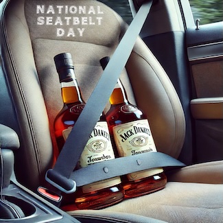 two bottles of whiskey secure in a car's front seat with a seatbelt for national seatbelt day in November