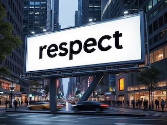 an AI generated image of a busy city with a large billboard with the word RESPECT.