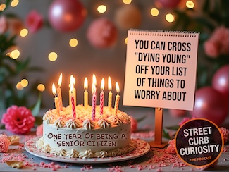 a festive birthday party, including a colorful birthday cake with a sign about being old.