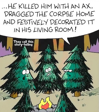 a funny cartoon about christmas trees around a campfire telling a horror holiday story, for a thought about story telling