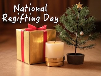 a small white candle next to a gift box and a tiny decorated Christmas tree for national regifting day