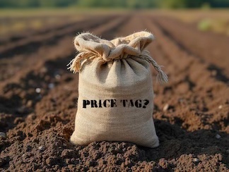 a brown burlap bag of dirt sitting in the middle of an open tilled farm field.  the words "price tag" on the bag