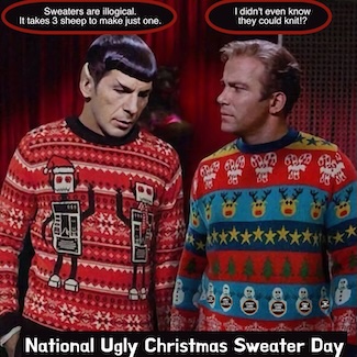 a fun ugly Christmas sweater meme of Spock and Kirk for the national holiday and a podcast episode 