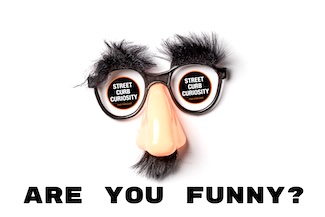 a pair of funny eyeglasses and plastic nose for a podcast episode about being funny