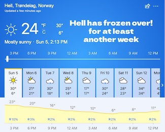 a screenshot of a 7 day weather forecast for a town named Hell in Norway, and they've frozen over