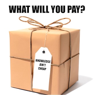 a brown paper wrapped box of knowledge asking what would you pay for it
