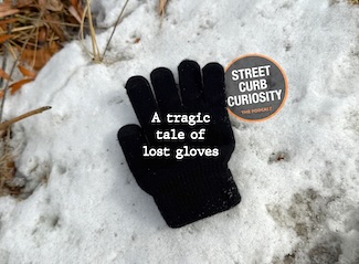 a small black glove lost in the snow for a podcast episode about glove usage, history and fashion trends