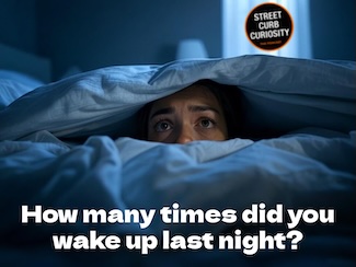 a worried face peeping out from under the covers for a podcast episode about waking up a few times every night. From Street Curb Curiosity 