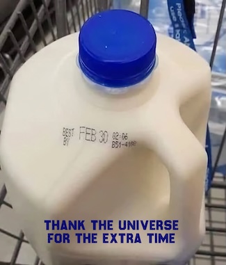 a unique February expiration date on a milk container in a grocery store