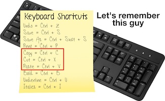 a post it note list of keyboard commands that we use all the time, laying on a computer keyboard