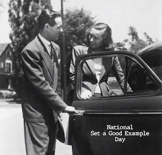 an old black and white photo of a man opening a car door for a lady.