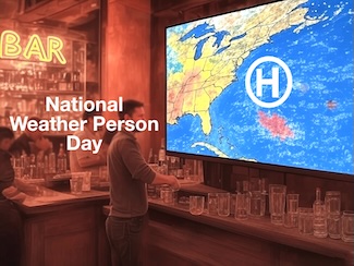 a man looking at a large weather map in a bar for national weather person day in February 