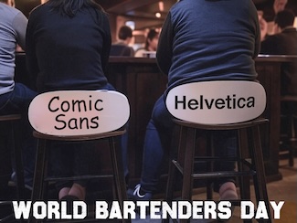 two people sitting on bar stools at a bar, with font names on the back...for world bartenders day