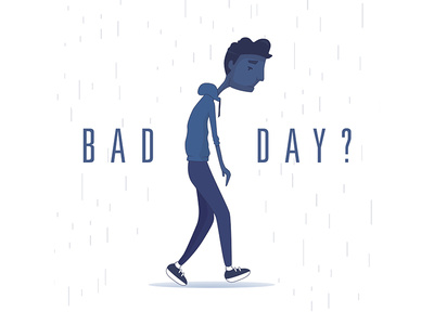 a cartoon of a slumped depressed blue man walking in the rain