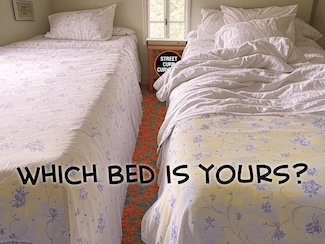 two twin beds, one made and the other unkept for a discussion about making your bed.