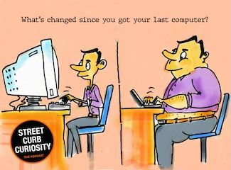 a fun cartoon of what's changed since the last time you got a new computer, for a podcast episode 