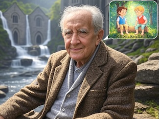 An AI version of JRR Tolkien sitting in the Elf Kingdom and thinking about two hobbits