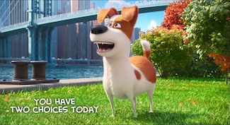 an animated  very good boy (dog) named max standing on grass near a bridge for a thought about choices today 