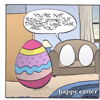 two white eggs talking to a dyed easter egg in a colorful cartoon meme for the easter holiday