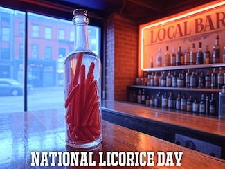 a whiskey bottle filled with red twizzler licorice in a local bar.
