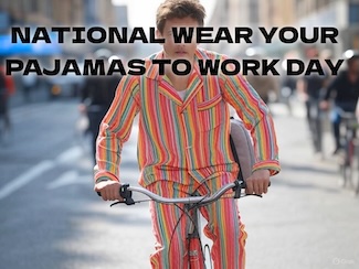 a young man riding a bike, wearing brightly colored pajamas, on his way to work, on the very day when you should