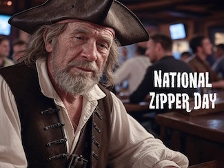 an old male pirate sitting in a crowded modern bar for national zipper day