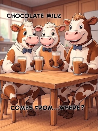a fun cartoon of three cows enjoying a glass of chocolate milk while sitting in the kitchen